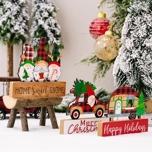 Set of 3 Christmas wooden gnome ornaments with red truck and camper on snowy ground