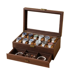 Double-layer wooden watch and jewelry box with glass top and 12 slots in brown wood grain