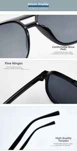 Detailed close-up of double bridge sunglasses showing nose pads and metal hinges