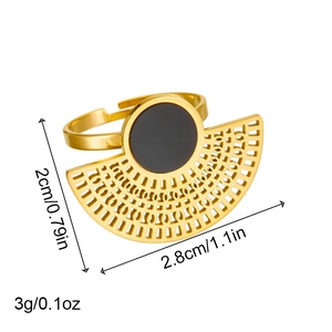 Detail view of a gold fan-shaped ring with black inlay and dimensional measurements