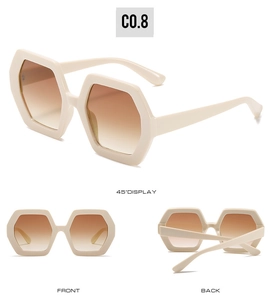 Detailed views of beige hexagonal oversized sunglasses with brown gradient lenses