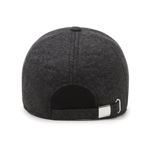 Rear view of grey wool baseball cap showing adjustable strap and silver metal buckle