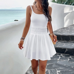 Women Sleeveless Strap Ribbed Knit Smocked High Waist A-Line Mini Dress With Built-In Shorts Summer Casual