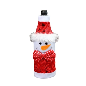 Housse de bouteille de vin bonhomme de neige avec peluche blanche et nœud à pois rouges