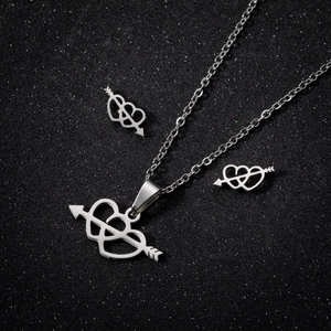 Silver stainless steel jewelry set with hollow double heart and arrow necklace and earrings