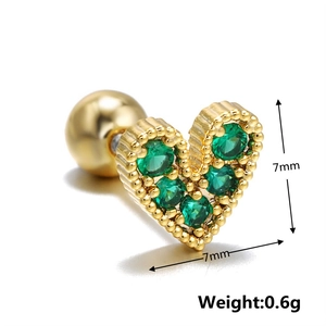Detail of heart-shaped gold earring with green zircon and screw ball back, 7mm size