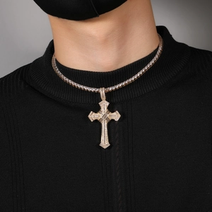 Hip hop style gold cross pendant necklace with clear cubic zirconia on tennis chain
