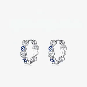 Orecchini A Cerchio Cuore Malocchio Argento Sterling 925 Con Smalto Blu E Zircone Bianco Gioielli Per Donna