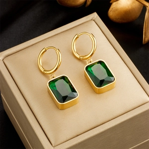 Vintage Titanium Steel Rectangular Green Rhinestone Drop Earrings For Women Elegant Gold Plated Geometric Dangle Earrings Jewelry