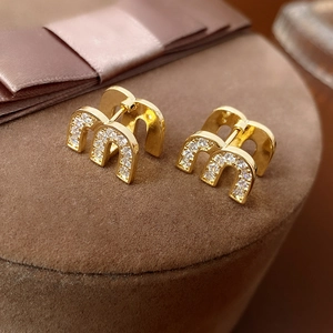 Huggie Hoop Earrings Copper Gold Plated M Letter Zircon Enamel Sweet Elegant Vintage Fashion For Women
