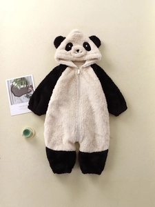 Plush panda hooded baby romper in black and white fleece with cute ear details