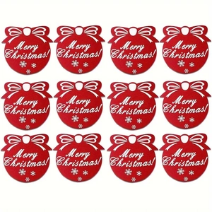 Set of 12 red ball-shaped felt ornaments with white bow and Merry Christmas text