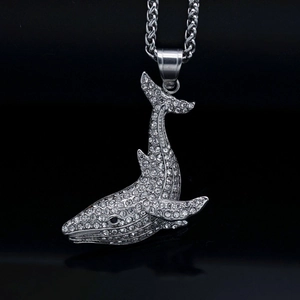 Iced out silver whale pendant necklace with cubic zirconia on stainless steel chain