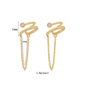 Orecchini a clip doppia dorati con catenella e zircone, stile moderno e minimalista