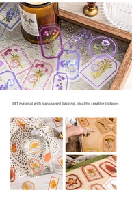 Detailed PET floral stickers featuring vintage lavender and ginkgo on scrapbook pages