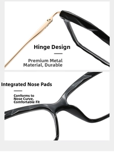 Detail of durable metal hinges and integrated nose pads on cat eye glasses frames