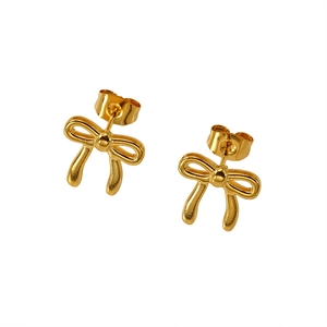 Polished gold bow stud earrings for women crafted in high-quality stainless steel