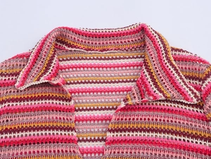 Close-up of the striped crochet knit pattern and collar on the colorful polo shirt