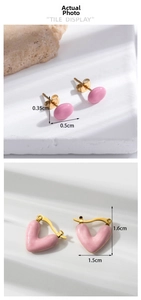 Detail showing pink oval stud and heart-shaped earring dimensions in gold finish
