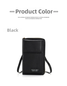 Close-up of black lychee texture PU leather phone crossbody bag with front flap pocket