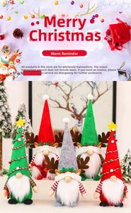 Detail of five assorted Christmas gnomes including star trees and reindeer antlers dolls