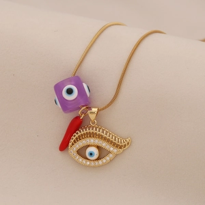 Gold titanium steel necklace with evil eye pendants and red chili charm for women