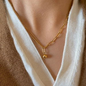 Asymmetric gold paperclip and rope chain necklace with a polished sphere pendant for women