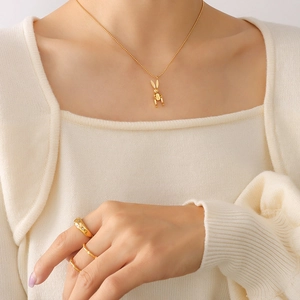 Hip hop punk style golden mechanical rabbit pendant necklace with matching bead chain and rings