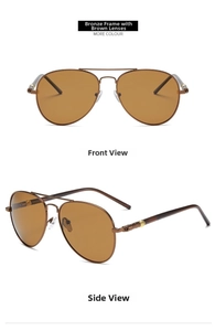 Front and side views of bronze pilot sunglasses with vintage tea-colored lenses