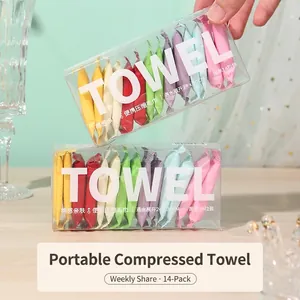 Portable 14-pack compressed travel face towels in multi-color candy style packaging