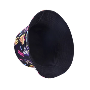 Detail of vintage bucket hat featuring colorful geometric prints and black inner lining