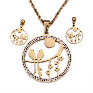 Stainless Steel Jewelry Set Necklace And Earrings Hollow Round Bird On Branch Pendant Rhinestone 18K Gold Plated Women