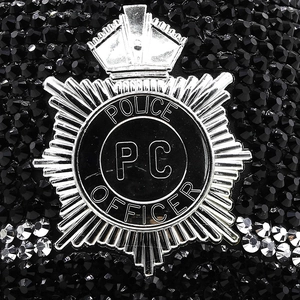 Black rhinestone hat with silver police badge and crown for masquerade parties