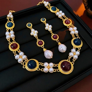 Vintage Alloy Jewelry Women Baroque Artificial Pearl And Resin Gemstone Necklace Drop Earrings With Silver Earring Post