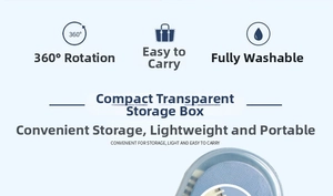 Detail of portable light blue nose hair trimmer storage case with 360 degree rotation icon