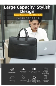 Detail view of water-resistant black laptop bag showing durable fabric and front zipper
