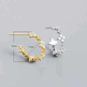 S925 silver C-shaped floral hoop earrings with white opal stones and 15mm outer diameter