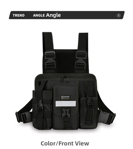 Front view of black tactical chest rig with reflective strips and MOLLE webbing