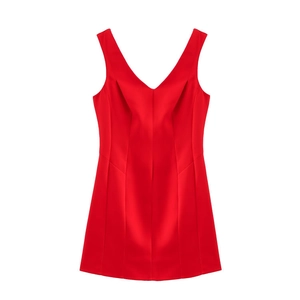 Women V Neck Sleeveless Polyester Mini Dress Pleated A-Line Solid Red Party Cocktail Sundress Back Zipper