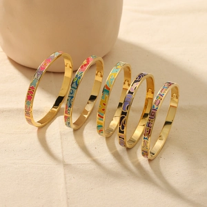 Set of five 18K gold plated stainless steel enamel bangles with colorful geometric patterns