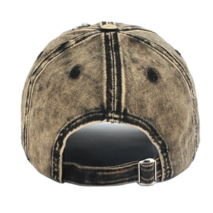 Back view of vintage distressed baseball cap with acid wash effect and metal buckle