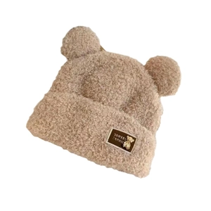 Cute khaki plush bear ear hat for women with fuzzy fleece and metallic detail