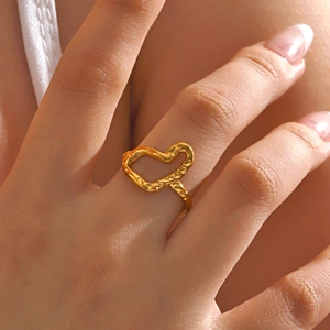 Stainless Steel Ring Irregular Hollow Heart Shape Hammered Texture Adjustable Vintage Chic Jewelry For Women