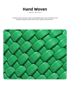 Detailed view of green hand-woven leather texture on a mini crossbody bag strap