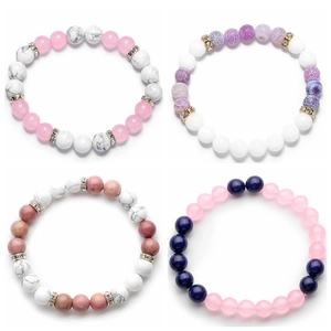 Natural Stone Beaded Bracelet With Alloy Rhinestone Spacer Elastic Boho Jewelry For Women And Men
