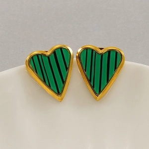 Minimalist gold-plated heart stud earrings with green malachite texture on white ceramic