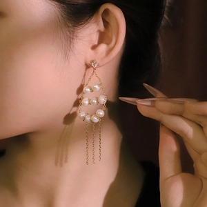 Elegant gold plated tassel earrings with natural pearls and square zircon for women