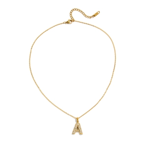 Detail of gold initial A pendant with rhinestones and S.STEEL material hallmark tag