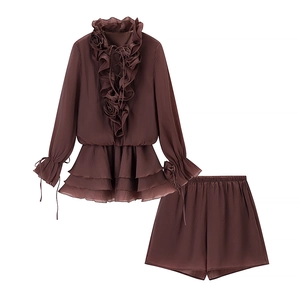 Women's 2-piece deep coffee set with 3D floral ruffles and lantern sleeves