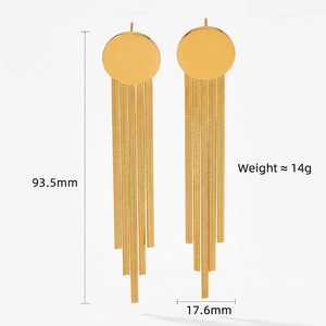 Long gold tassel earrings with metallic circular studs and industrial chain fringe design